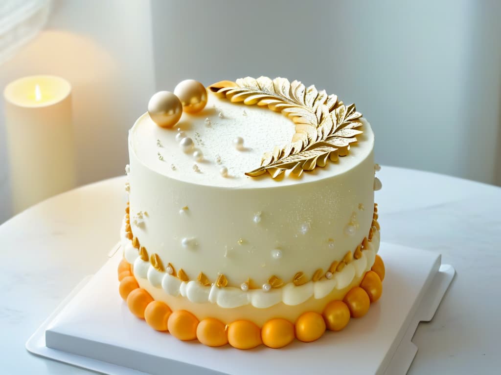  An intricately designed cake adorned with shimmering gold decorations and meticulously placed sugar pearls, set against a pristine white backdrop to highlight the exquisite detailing. The gold accents catch the light, casting a warm glow on the surrounding area, while the sugar pearls add a touch of elegance and texture to the overall presentation. The layers of the cake are visible, showcasing a perfect crumb and a smooth, flawless finish that speaks to the skill and artistry of the baker. This photorealistic image captures the essence of sophistication and luxury in pastry decoration, inspiring viewers with its beauty and precision. hyperrealistic, full body, detailed clothing, highly detailed, cinematic lighting, stunningly beautiful, intricate, sharp focus, f/1. 8, 85mm, (centered image composition), (professionally color graded), ((bright soft diffused light)), volumetric fog, trending on instagram, trending on tumblr, HDR 4K, 8K