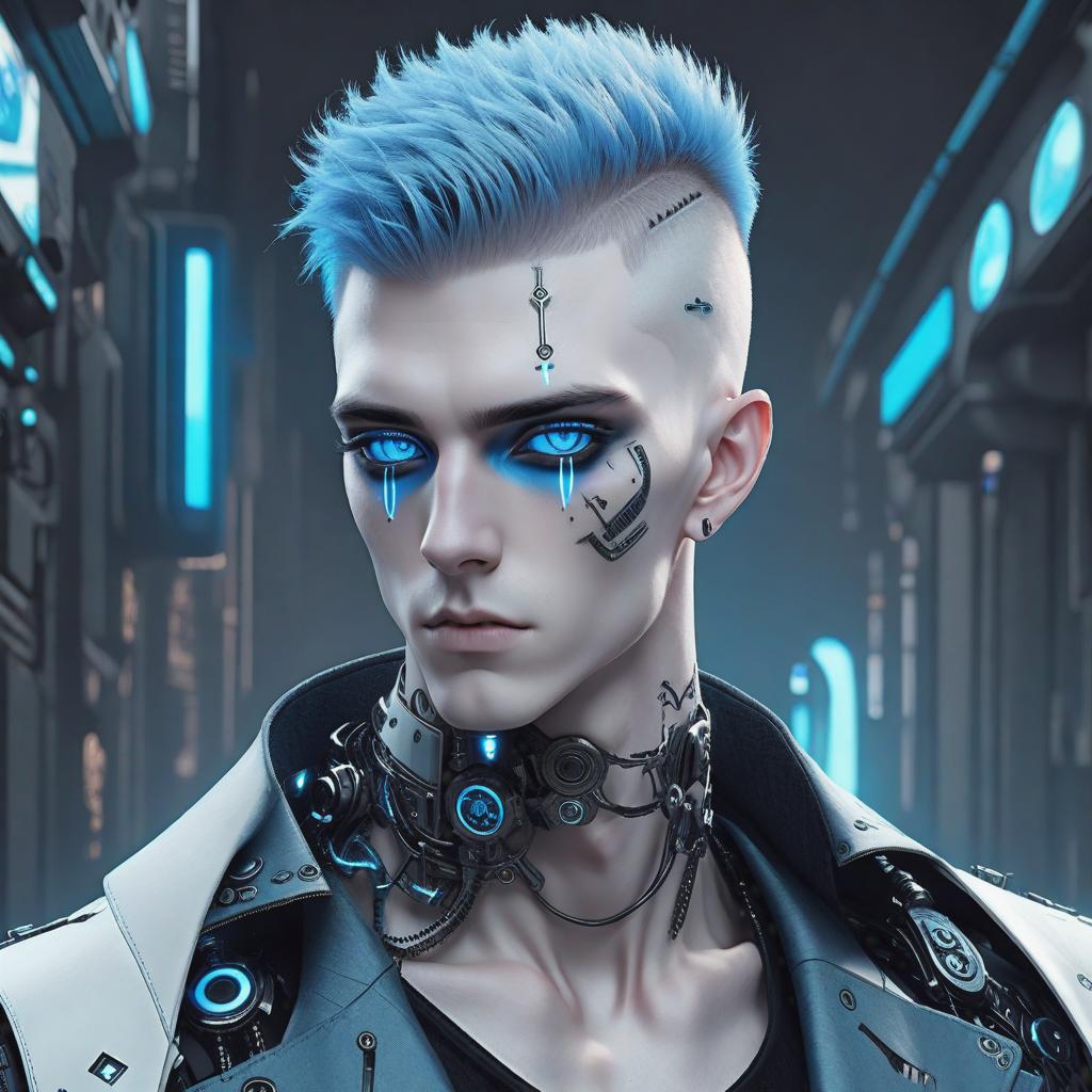  handsome pale cyberpunk male with heavy black eyeliner, blue eyes, shaved side haircut, hyper detail