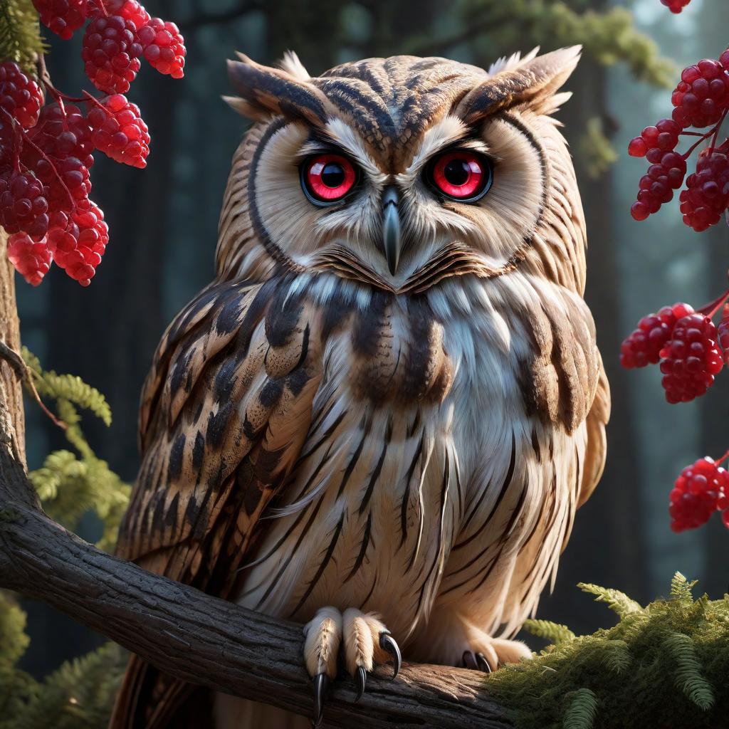  An owl with ruby eyes and a body that looks like it's made of a tree. The owl's eyes are sparkling rubies, and its body has bark texture, branches, and leaves, blending seamlessly with a natural environment. The scene is enchanting, with a hint of magic, set against a twilight or moonlit background. hyperrealistic, full body, detailed clothing, highly detailed, cinematic lighting, stunningly beautiful, intricate, sharp focus, f/1. 8, 85mm, (centered image composition), (professionally color graded), ((bright soft diffused light)), volumetric fog, trending on instagram, trending on tumblr, HDR 4K, 8K