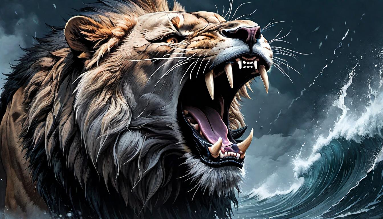  （surrealism)roaring lion, fangs bared, sound waves visualized, figure confronts the beast, tension, bravery tested mystic, intricate details, best quality)