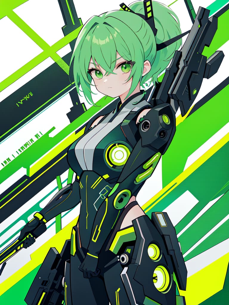  Green hair character Cyborg Ninja, masterpiece, best quality,8k,ultra detailed,high resolution,an extremely delicate and beautiful,hyper detail