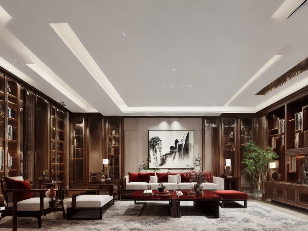  user:A photograph of a living room blending New Chinese style elements with a focus on reading and secondary use for hosting guests. The furniture combines Chinese mahogany with European styles, creating a classical and elegant interior atmosphere. Include bookshelves filled with an assortment of books, a comfortable reading nook with natural lighting, and subtle art pieces that enhance the cultural richness of the space. Created Using: High resolution, natural lighting, detailed texture on wood and fabric, elegant, classical, cultural richness, harmonious color paletteassisant:Drawing: Elegant New Chinese European living room with cultural accents. hyperrealistic, full body, detailed clothing, highly detailed, cinematic lighting, stunningly beautiful, intricate, sharp focus, f/1. 8, 85mm, (centered image composition), (professionally color graded), ((bright soft diffused light)), volumetric fog, trending on instagram, trending on tumblr, HDR 4K, 8K