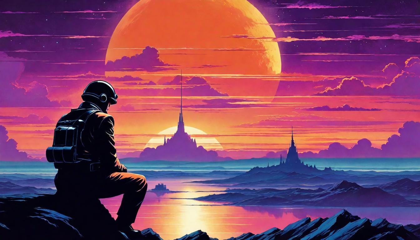  retro futuristic A lone thinker under the vast sky, silhouette against the setting sun, reflective gaze on the horizon. Vast sky meets thoughtful eyes, hues of orange and purple, serenity enveloping the scene. lvintage sci fi, 50s and 60s style, atomic age, vibrant, highly detailed