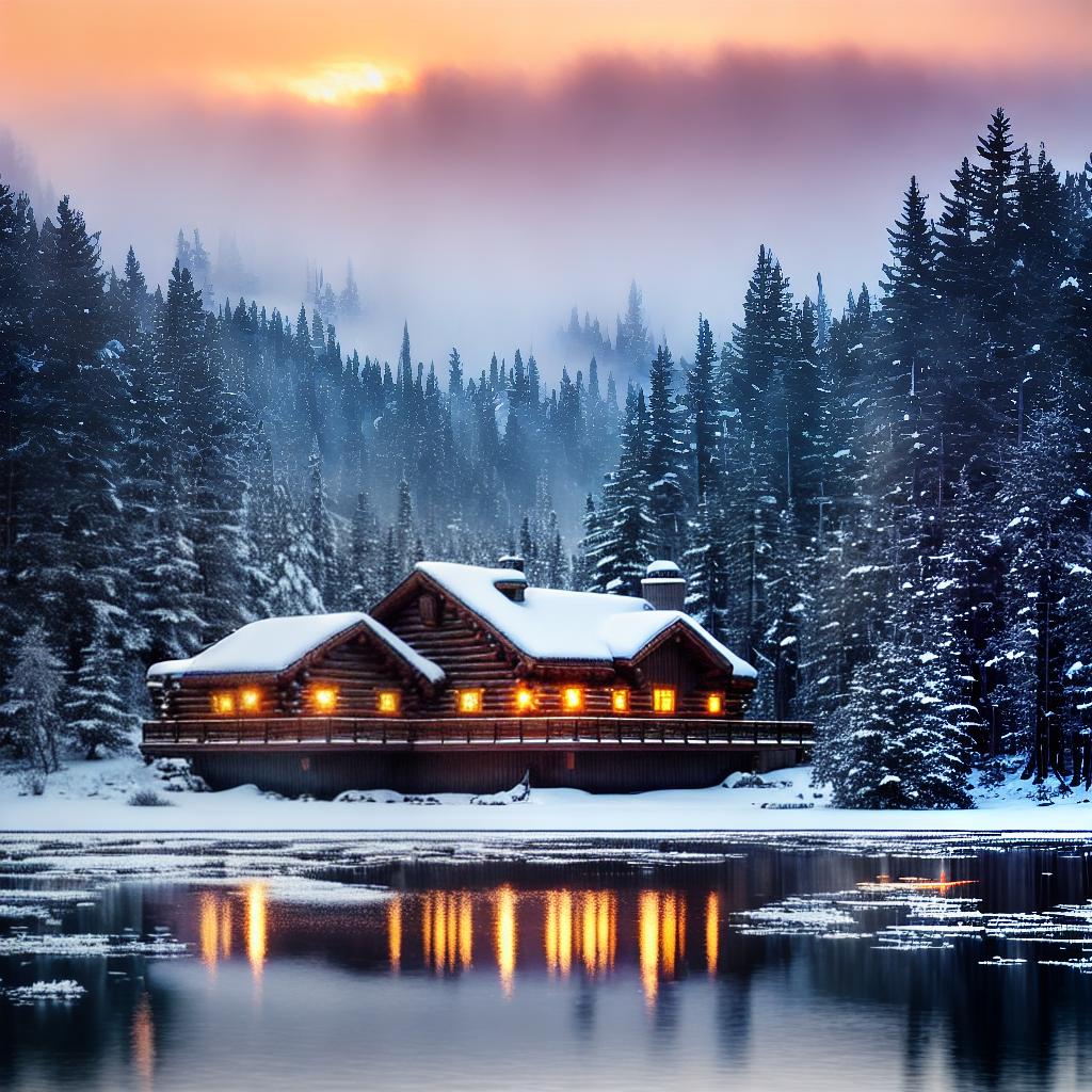  An extraordinary masterpiece with the best quality, 8k, high detailed, and ultra-detailed. The main subject of the scene is a winter landscape. The scene includes snow-covered trees, (a frozen lake), (mountains in the distance), (a cozy log cabin), and (a glowing sunset). hyperrealistic, full body, detailed clothing, highly detailed, cinematic lighting, stunningly beautiful, intricate, sharp focus, f/1. 8, 85mm, (centered image composition), (professionally color graded), ((bright soft diffused light)), volumetric fog, trending on instagram, trending on tumblr, HDR 4K, 8K