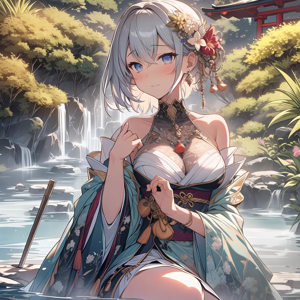  masterpiece, high quality, 4K, HDR BREAK,A old with large eyes, short hair, and downcast eyes steps into a hot spring, covering her with her right hand. She has an embarred, unhappy expression on her face.BREAK Close up, eye level BREAK Tranquil natural setting with a Japanese style hot spring and lush foliage. hyperrealistic, full body, detailed clothing, highly detailed, cinematic lighting, stunningly beautiful, intricate, sharp focus, f/1. 8, 85mm, (centered image composition), (professionally color graded), ((bright soft diffused light)), volumetric fog, trending on instagram, trending on tumblr, HDR 4K, 8K