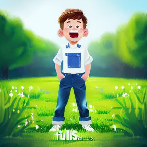  (best quality:1.5),(realistic:1.0),(perfect facial expression:1.5), 1boy, white shirt, blue jeans, green grass