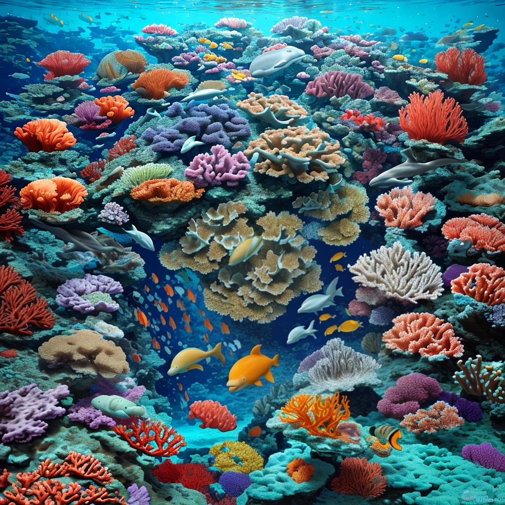  masterpiece, best quality, beautiful deep sea full of corals, diverse marine life and fascinating underwater landscapes with corals, appendages, small fish, anemones, dolphins, various algae, caves, colorful, 8k resolution and intricate detail