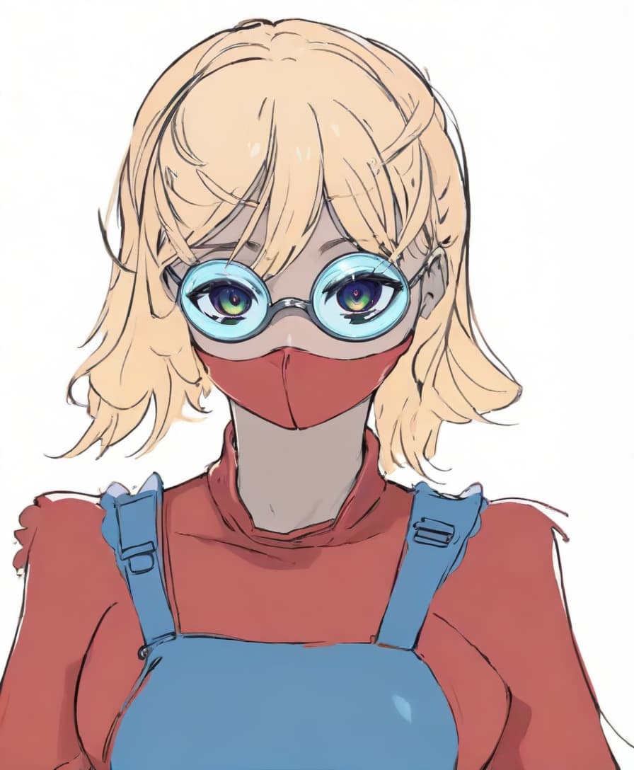  a close up of a person wearing gles, she wear red eyed gasmask, curly hair | d & d, genshin impact character, overalls, inspired by Yang Weizhen, colored sketch, marvelous designer, surgical mask covering mouth, ((((((((night)))))))) day time, annie leibowit, ((messy)), infp  hyperrealistic, full body, detailed clothing, highly detailed, cinematic lighting, stunningly beautiful, intricate, sharp focus, f/1. 8, 85mm, (centered image composition), (professionally color graded), ((bright soft diffused light)), volumetric fog, trending on instagram, trending on tumblr, HDR 4K, 8K