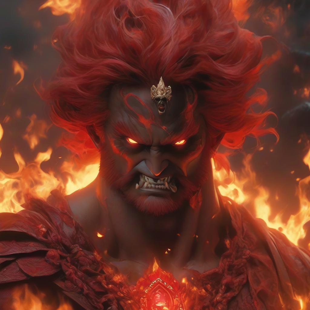  horror themed Elemental of fire, spirit of fire, handsome man, Asian, red skin, red hair, red eyes, crown, jewels, stands in the flames, mystic, fantasy, god of fire . eerie, unsettling, dark, spooky, suspenseful, grim, highly detailed hyperrealistic, full body, detailed clothing, highly detailed, cinematic lighting, stunningly beautiful, intricate, sharp focus, f/1. 8, 85mm, (centered image composition), (professionally color graded), ((bright soft diffused light)), volumetric fog, trending on instagram, trending on tumblr, HDR 4K, 8K