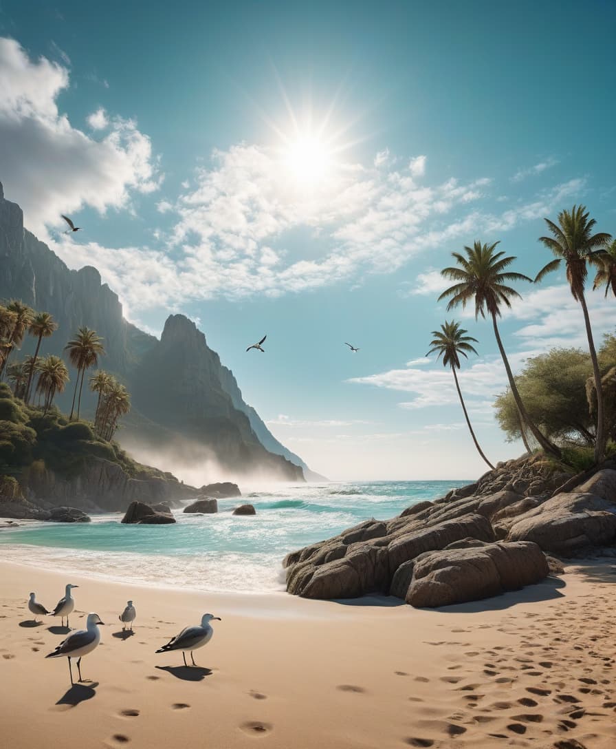  A beautiful landscape, turquoise sea, sand, palms, beach, mountains, waterfall, sunshine, small waves, fluffy clouds, seagulls, forest hyperrealistic, full body, detailed clothing, highly detailed, cinematic lighting, stunningly beautiful, intricate, sharp focus, f/1. 8, 85mm, (centered image composition), (professionally color graded), ((bright soft diffused light)), volumetric fog, trending on instagram, trending on tumblr, HDR 4K, 8K