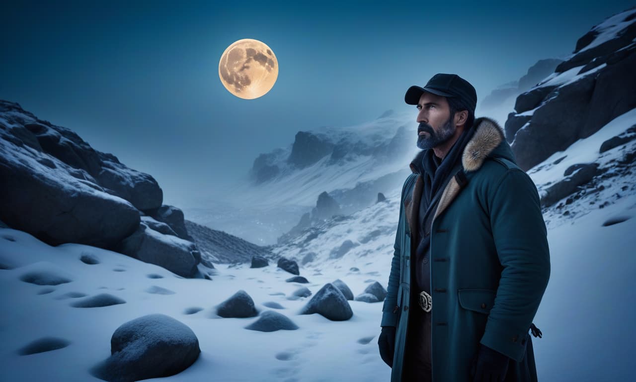  cinematic film still image, Big full moon over snowy rocks, mysticism . shallow depth of field, vignette, highly detailed, high budget, bokeh, cinemascope, moody, epic, gorgeous, film grain, grainy hyperrealistic, full body, detailed clothing, highly detailed, cinematic lighting, stunningly beautiful, intricate, sharp focus, f/1. 8, 85mm, (centered image composition), (professionally color graded), ((bright soft diffused light)), volumetric fog, trending on instagram, trending on tumblr, HDR 4K, 8K