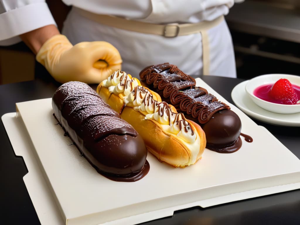  An exquisitely detailed closeup image of a pastry chef meticulously piping delicate swirls of rich, glossy chocolate ganache onto freshly baked eclairs and profiteroles. The chef's hands, adorned with crisp white culinary gloves, expertly maneuver a piping bag, creating intricate designs that glisten under the soft glow of ambient kitchen lighting. Each goldenbrown pastry shell is perfectly baked to a crisp, airy perfection, promising a symphony of textures and flavors in every bite. This image captures the essence of precision and artistry in French pastry making, inviting the viewer to savor the decadent delights of eclairs and profiteroles. hyperrealistic, full body, detailed clothing, highly detailed, cinematic lighting, stunningly beautiful, intricate, sharp focus, f/1. 8, 85mm, (centered image composition), (professionally color graded), ((bright soft diffused light)), volumetric fog, trending on instagram, trending on tumblr, HDR 4K, 8K