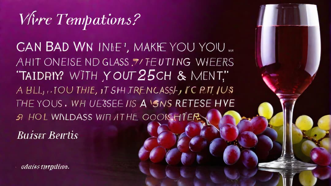  Create an image for an article titled "Can Bad Wine Make You Sick" where a glass of wine stands on a tilted table, surrounded by vibrant red and purple grapes. The glass appears hazy while a subtle shadow looms over it, depicting a sense of unease. The tablecloth beneath the glass displays text in bold letters, asking "Tainted Temptations?" in an elegant font. hyperrealistic, full body, detailed clothing, highly detailed, cinematic lighting, stunningly beautiful, intricate, sharp focus, f/1. 8, 85mm, (centered image composition), (professionally color graded), ((bright soft diffused light)), volumetric fog, trending on instagram, trending on tumblr, HDR 4K, 8K