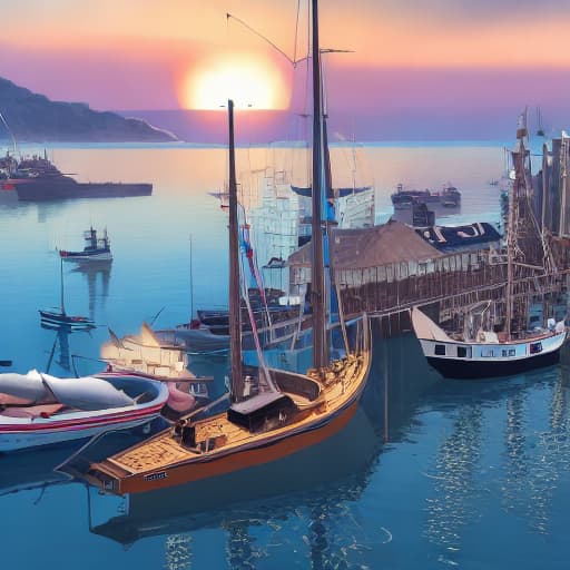  photo of 8k ultra realistic harbour, port, boats, sunset, beautiful light, golden hour, full of colour, cinematic lighting, battered, trending on artstation, 4k, hyperrealistic, focused, extreme details,unreal engine 5, cinematic, masterpiece, art by studio ghibli , wallpaper, analytical cubism, cloisonnism