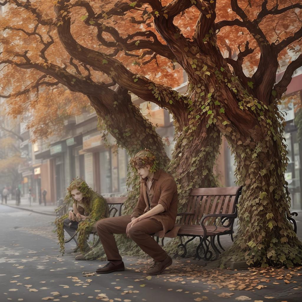  ent ,have face, have eye and mouth, living tree walking on the streets , brown colors, leaves all on his head and bench , so many vines