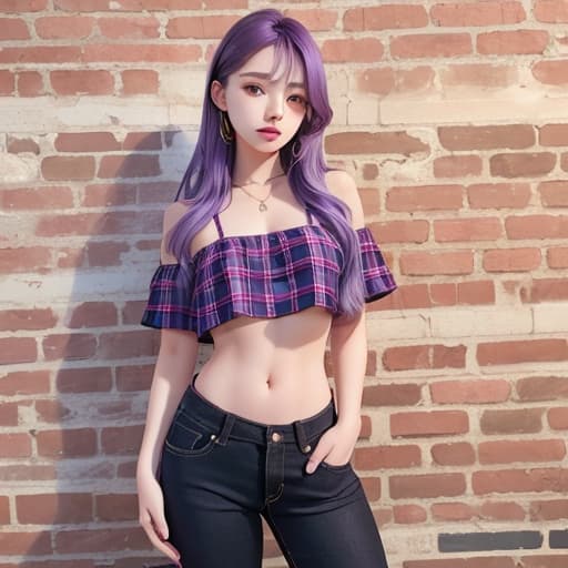  girl standing next to a brick wall purple hair plaid top black g string hand on hip