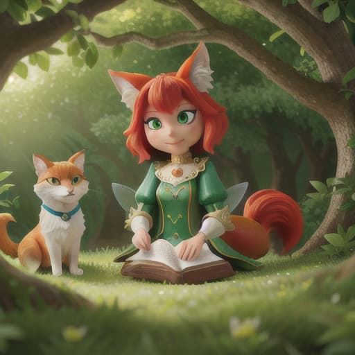  "Create an image depicting a scene from a vibrant, fantasy-style fairy tale. In the foreground, a clever-looking cat named Sarah and a perceptive fox named Eileen are nurturing, with a genteel touch, an array of colorfully-filled fruit trees under the warm golden sunlight. Glimmers of love and care in their eyes reflect their lessons learned from the Green World. Also visible is a bewitching greenish apple tree, the same kind that transported them to the Green World. Allow that apple tree to exude an alluring, mystical vibe and for there to be some small, magical creatures, the fruit fairies, fluttering around it, contributing to the overall fantasy atmosphere. In the background, depict the rest of the vibrant forest, allowing the intricac hyperrealistic, full body, detailed clothing, highly detailed, cinematic lighting, stunningly beautiful, intricate, sharp focus, f/1. 8, 85mm, (centered image composition), (professionally color graded), ((bright soft diffused light)), volumetric fog, trending on instagram, trending on tumblr, HDR 4K, 8K