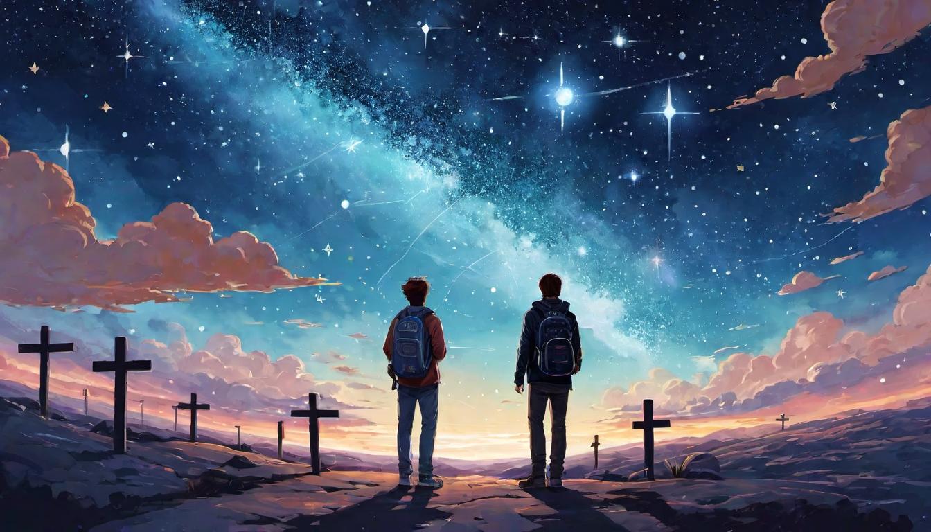  digital illustration, A traveler stands at a crossroads under a sky painted with constellations of faces, stars connecting to form supportive presences, never alone, celestial companionship, guidance in every star, looking at viewer, dynamic pose, (intricate details, masterpiece, best quality)