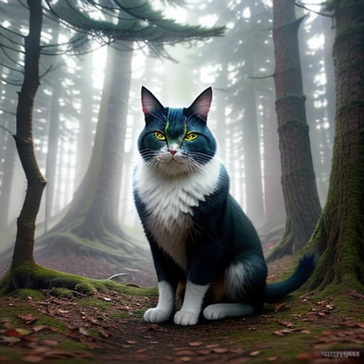  un gato en un bosque con niebla hyperrealistic, full body, detailed clothing, highly detailed, cinematic lighting, stunningly beautiful, intricate, sharp focus, f/1. 8, 85mm, (centered image composition), (professionally color graded), ((bright soft diffused light)), volumetric fog, trending on instagram, trending on tumblr, HDR 4K, 8K