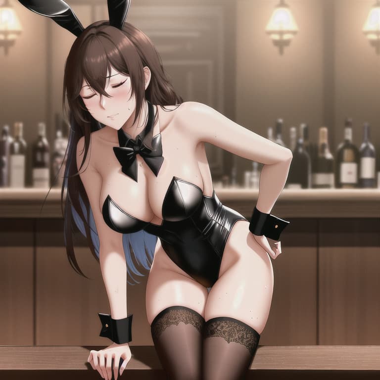  , 1lady, bunny , black leotard, black , fake rabbit ears, red bowtie, white wrist cuffs, clavicle, age, medium hair, brown hair, bare shoulder, bare arms, high heels, BREAK, , , clothing aside, from behind, facing viewer, leaning forward, apart, zettai ryouiki, closed eyes, blush, embarred, scream, sweat, BREAK, detailed bar counter, barstools, drink, faint light, deep shadow, BREAK, masterpiece, best quality, high quality, absurdres, ultra detailed, beautiful detailed face, all intricate, high resolution, HDR, extremely detailed CG unity 8k wallpaper, nice hands, perfect hands hyperrealistic, full body, detailed clothing, highly detailed, cinematic lighting, stunningly beautiful, intricate, sharp focus, f/1. 8, 85mm, (centered image composition), (professionally color graded), ((bright soft diffused light)), volumetric fog, trending on instagram, trending on tumblr, HDR 4K, 8K