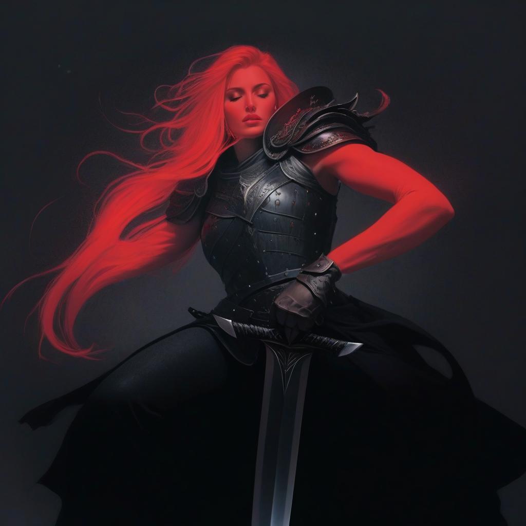  Create an image in a fantasy style, depicting the following scene: 1. Central figures: A warrior in dark armor with a closed helmet. A woman with long flowing hair, glowing red light, gently embracing the warrior from behind. 2. Details of the warrior: Dark, heavy armor with visible signs of battle and damage. The warrior holds a large sword, leaning on it as if he were resting or contemplating. A black cloak or mantle covers the warrior, adding drama and mystery. 3. Details of the woman: The woman emits a soft red light, her skin and hair look ethereal, almost ghostly. Her eyes are closed, her expression calm and soothing. 4. Background and setting: A dark, mystical background, possibly inside an hyperrealistic, full body, detailed clothing, highly detailed, cinematic lighting, stunningly beautiful, intricate, sharp focus, f/1. 8, 85mm, (centered image composition), (professionally color graded), ((bright soft diffused light)), volumetric fog, trending on instagram, trending on tumblr, HDR 4K, 8K