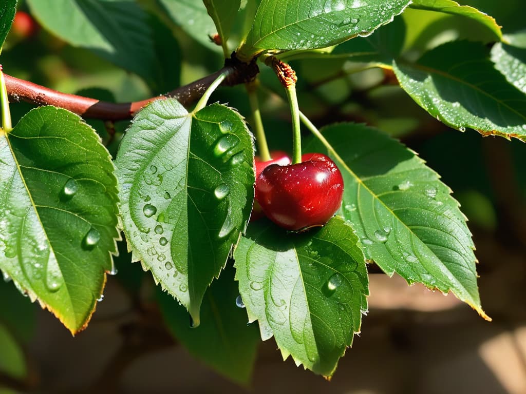  An ultradetailed closeup image of a perfectly ripe cherry, glistening with dew droplets under the sunlight. The cherry is surrounded by lush green cherry tree leaves, showcasing the vibrant colors and textures of a summer harvest. hyperrealistic, full body, detailed clothing, highly detailed, cinematic lighting, stunningly beautiful, intricate, sharp focus, f/1. 8, 85mm, (centered image composition), (professionally color graded), ((bright soft diffused light)), volumetric fog, trending on instagram, trending on tumblr, HDR 4K, 8K