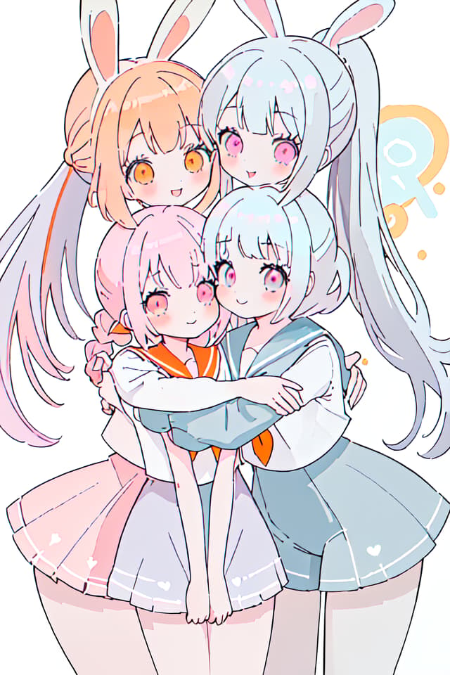  Rabbit ears,friends,smiles,beautiful girls,2 people,(orange eyes,light blue hair,perm,ponytail,),(pink eyes,gray hair,long hair,),cute,good friends,hugging each other,sailor suit,cuteRabbit ears,friends,smiles,beautiful girls,2 people,(orange eyes,light blue hair,perm,ponytail,),(pink eyes,gray hair,long hair,),cute,good friends,hugging each other,sailor suit,cute(absurd detailed:1.4、best quality:1.4、masterpiece:1.4)、The same height、