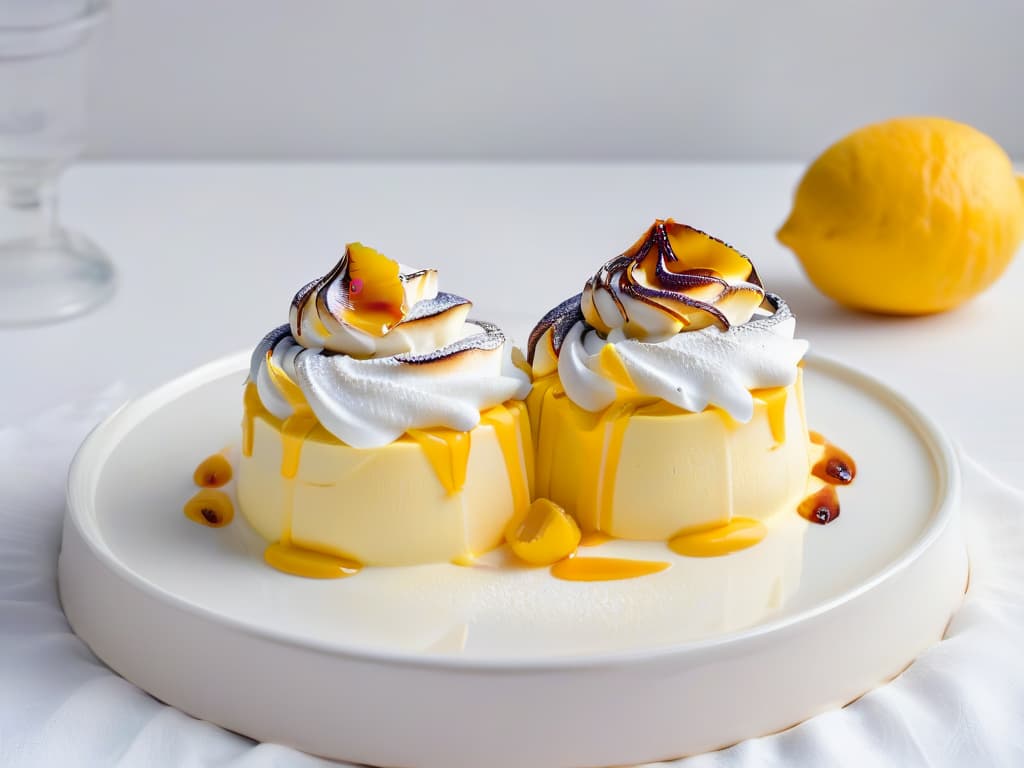  An ultradetailed closeup image of a perfectly torched meringue topping on a creamy lemon custard in a delicate glass dessert cup. The meringue is golden brown with caramelized edges, delicately swirling on top of the smooth lemon cream. The glass cup reflects the light, highlighting the layers of the dessert and creating a visually striking and appetizing composition. hyperrealistic, full body, detailed clothing, highly detailed, cinematic lighting, stunningly beautiful, intricate, sharp focus, f/1. 8, 85mm, (centered image composition), (professionally color graded), ((bright soft diffused light)), volumetric fog, trending on instagram, trending on tumblr, HDR 4K, 8K