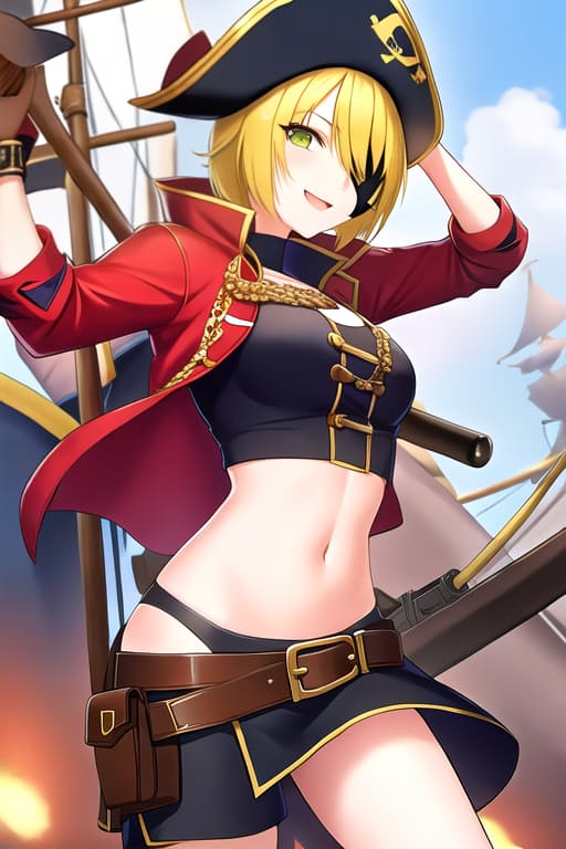  1girl, smile, pirate, pirate hat, eyepatch, carrying sword, dynamic pose, pirate ship background, looking at viewer, best quality, masterpiece, (( Woman )), (( lovely eyes )), (( green eyes )), (( yellow hair )), (( bob hair fully-clothed attire ))