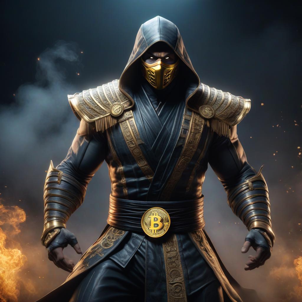  bitcoin mortal kombat hyperrealistic, full body, detailed clothing, highly detailed, cinematic lighting, stunningly beautiful, intricate, sharp focus, f/1. 8, 85mm, (centered image composition), (professionally color graded), ((bright soft diffused light)), volumetric fog, trending on instagram, trending on tumblr, HDR 4K, 8K