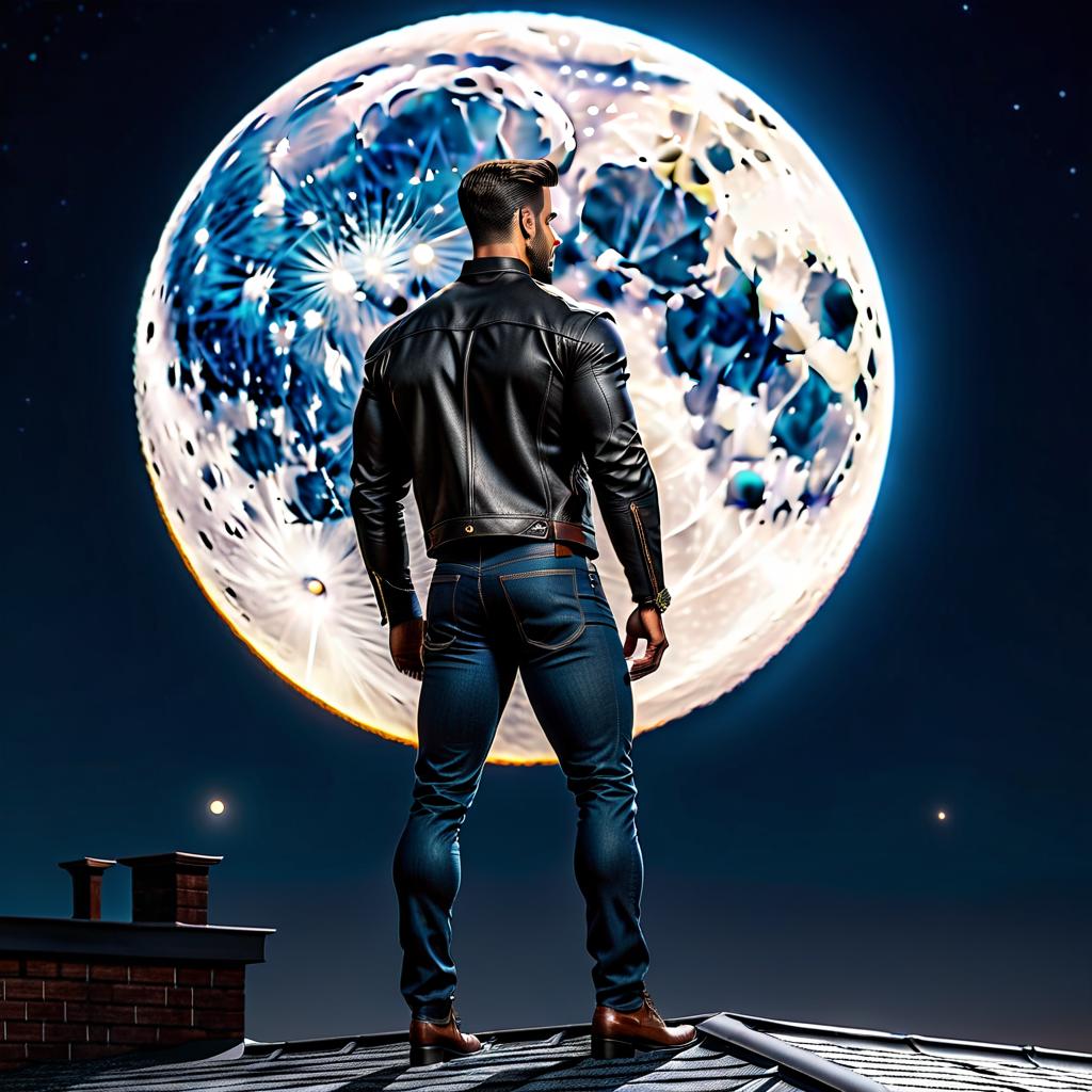  A man with a short haircut stands on the roof and looks back, midnight, in front of the Moon, photorealistically, 4K. hyperrealistic, full body, detailed clothing, highly detailed, cinematic lighting, stunningly beautiful, intricate, sharp focus, f/1. 8, 85mm, (centered image composition), (professionally color graded), ((bright soft diffused light)), volumetric fog, trending on instagram, trending on tumblr, HDR 4K, 8K