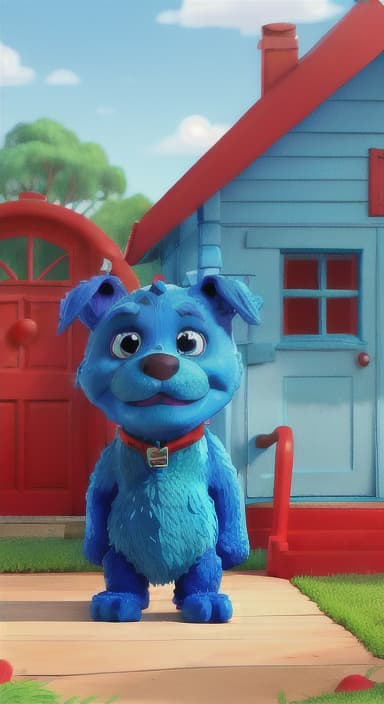  {Max the big blue dog standing in front of a cozy little house with a red door, The big blue dog is large with sky blue fur, big round eyes, a black nose, and floppy ears.