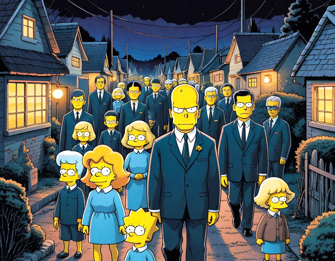  manga artwork Village of the damned, in the style of the simpsons, night scene, glowing eyes. manga artist. manga, highly emotional. best quality, high resolution