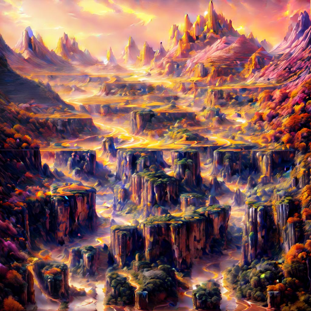  A surreal landscape with floating mountains, glowing flora, and a mystical river flowing through it. The sky is a mix of pastel pinks and oranges, with a soft golden light casting shadows on the ground. The style is dreamlike and ethereal, with intricate details and a sense of otherworldliness. style RAW, best quality, masterpiece