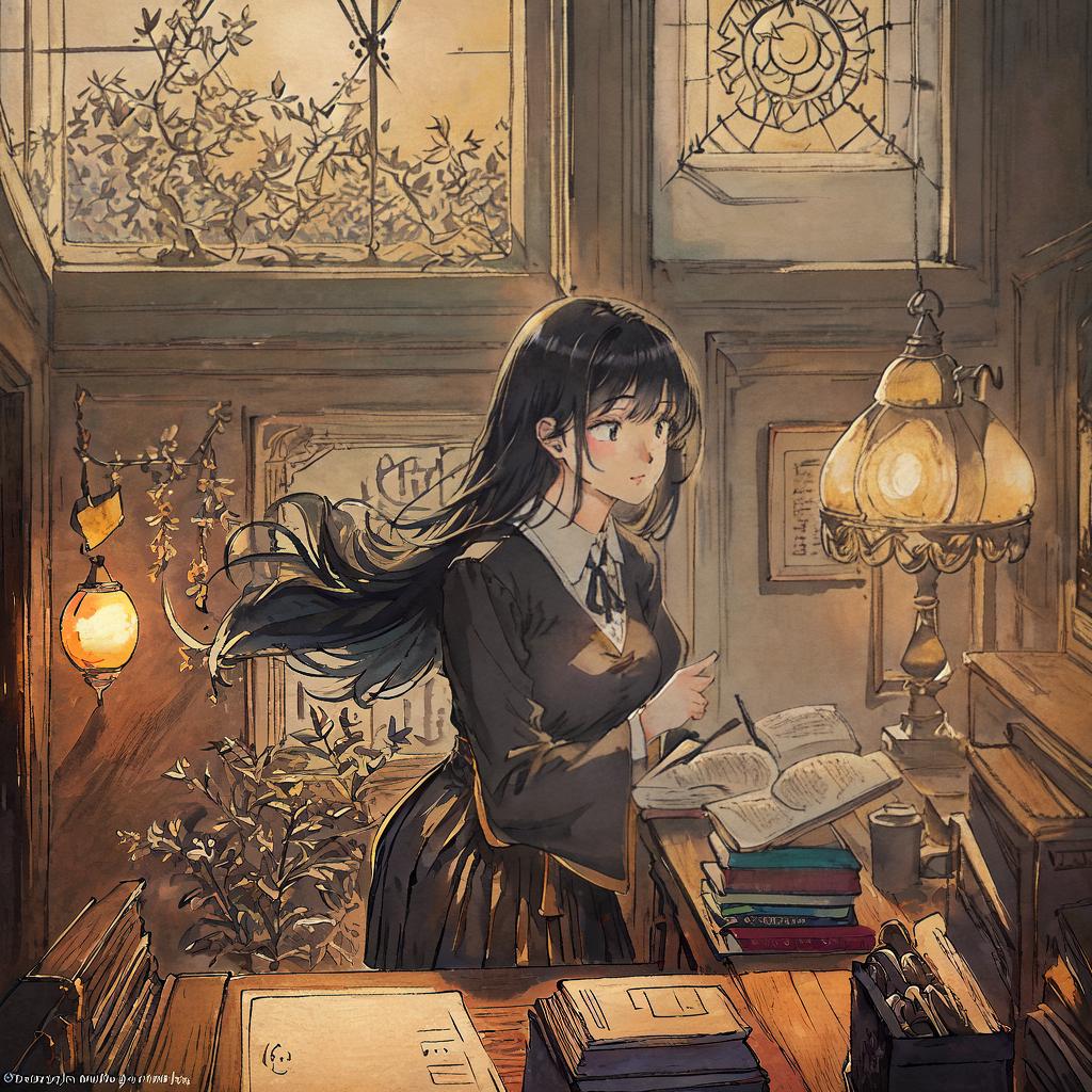  A masterpiece with the best quality, 8k, high detailed, and ultra-detailed. The main subject is a girl sitting in a classroom. The scene includes the girl, her ((black hair)), a desk with books and notebooks, a blackboard behind her, ((sunshine)) streaming in through the window, and a clock on the wall. hyperrealistic, full body, detailed clothing, highly detailed, cinematic lighting, stunningly beautiful, intricate, sharp focus, f/1. 8, 85mm, (centered image composition), (professionally color graded), ((bright soft diffused light)), volumetric fog, trending on instagram, trending on tumblr, HDR 4K, 8K