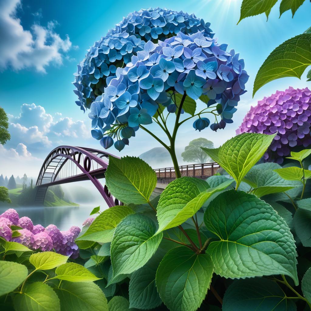  ethereal fantasy concept art of (Background) Summer day in the park. Arched openwork bridge. Under the bridge are hills with bushes of blue hydrangea. (In the foreground):::(flower description) Shrub shoots covered with large bright green leaves heart shaped, large inflorescence hydrangea ball shaped, the colour from sky blue to purple, hydrangea well tolerates winter cold. (fantasy style, landscape genre) . magnificent, celestial, ethereal, painterly, epic, majestic, magical, fantasy art, cover art, dreamy hyperrealistic, full body, detailed clothing, highly detailed, cinematic lighting, stunningly beautiful, intricate, sharp focus, f/1. 8, 85mm, (centered image composition), (professionally color graded), ((bright soft diffused light)), volumetric fog, trending on instagram, trending on tumblr, HDR 4K, 8K