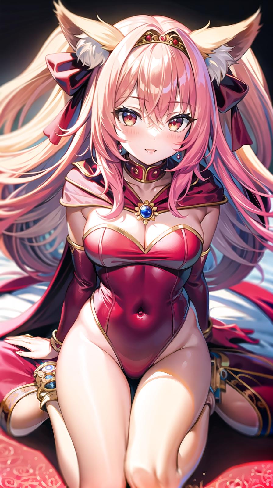  master piece , best quality,Beautiful with big s, fox tail, fox ears, two side up hair, pink hair color, tiara, earrings, red witch hat, red cape, red giant ribbon, red leotard, red gloves, angel wings, full body