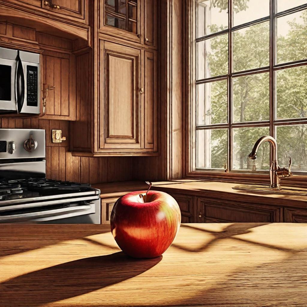  Prompt: Imagine a bright and cosy kitchen, filled with warmth and happiness. The sun shines through the window, casting a , golden glow on the wooden kitchen table. On this table, there's a fascinating, never before seen object: an apple that resembles a pencil in shape! This apple-pencil hybrid, with a vint red color like a regular apple on one end, and a graphite-like texture on the other end, is placed centrally on a small and beautifully decorated ceramic plate. In the scene, we also see a female , presumably the owner of the house, and a young standing on either side of the table. Their faces are lit up in delight at this amusing sight. The is crouched down at the 's level, pointing towards the special hyperrealistic, full body, detailed clothing, highly detailed, cinematic lighting, stunningly beautiful, intricate, sharp focus, f/1. 8, 85mm, (centered image composition), (professionally color graded), ((bright soft diffused light)), volumetric fog, trending on instagram, trending on tumblr, HDR 4K, 8K