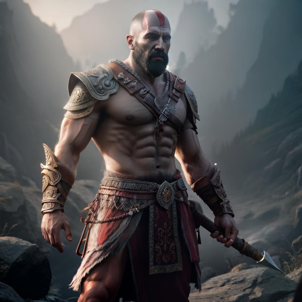  God of war hyperrealistic, full body, detailed clothing, highly detailed, cinematic lighting, stunningly beautiful, intricate, sharp focus, f/1. 8, 85mm, (centered image composition), (professionally color graded), ((bright soft diffused light)), volumetric fog, trending on instagram, trending on tumblr, HDR 4K, 8K