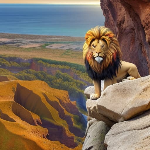  A lion made of all colors standing tall at the edge of a cliff over water with a large phoenix opening his wings behind him and the words Lyin changes everything below his paws on the rock