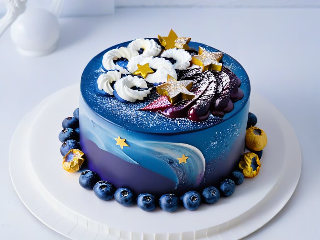  A photorealistic image of Vincent van Gogh's "The Starry Night" reimagined as a decadent dessert, with swirls of rich blueberry compote representing the swirling night sky, edible gold leaf accents mimicking the stars, and a shimmering sugar glaze reminiscent of moonlight. The dessert is elegantly presented on a sleek white plate, with delicate garnishes of fresh berries and mint leaves adding a pop of color and freshness to the artistic culinary creation. hyperrealistic, full body, detailed clothing, highly detailed, cinematic lighting, stunningly beautiful, intricate, sharp focus, f/1. 8, 85mm, (centered image composition), (professionally color graded), ((bright soft diffused light)), volumetric fog, trending on instagram, trending on tumblr, HDR 4K, 8K