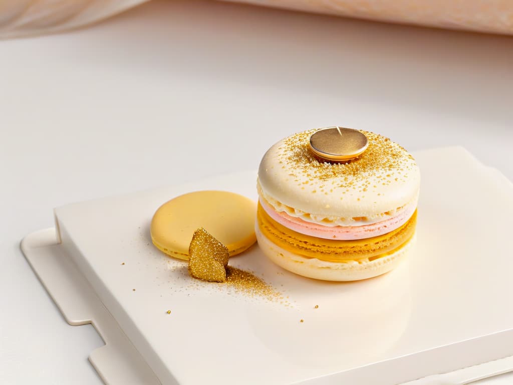  A closeup, ultradetailed image of a perfectly crafted, glossy macaron with a delicate sprinkle of gold dust on top, set against a clean, white background. The vibrant colors of the macaron pop against the simplicity of the backdrop, showcasing the precision and artistry involved in pastry making. hyperrealistic, full body, detailed clothing, highly detailed, cinematic lighting, stunningly beautiful, intricate, sharp focus, f/1. 8, 85mm, (centered image composition), (professionally color graded), ((bright soft diffused light)), volumetric fog, trending on instagram, trending on tumblr, HDR 4K, 8K