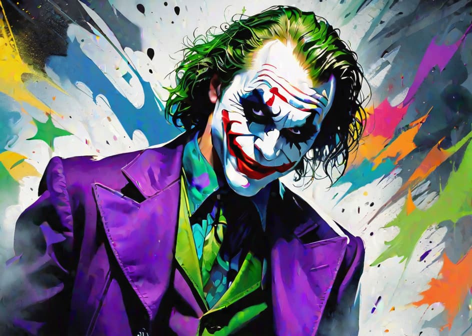  Insane portrait digital painting of The Joker face left side image, the dark night rises, action rage pose, with a beautiful abstract colourful background hyperrealistic, full body, detailed clothing, highly detailed, cinematic lighting, stunningly beautiful, intricate, sharp focus, f/1. 8, 85mm, (centered image composition), (professionally color graded), ((bright soft diffused light)), volumetric fog, trending on instagram, trending on tumblr, HDR 4K, 8K