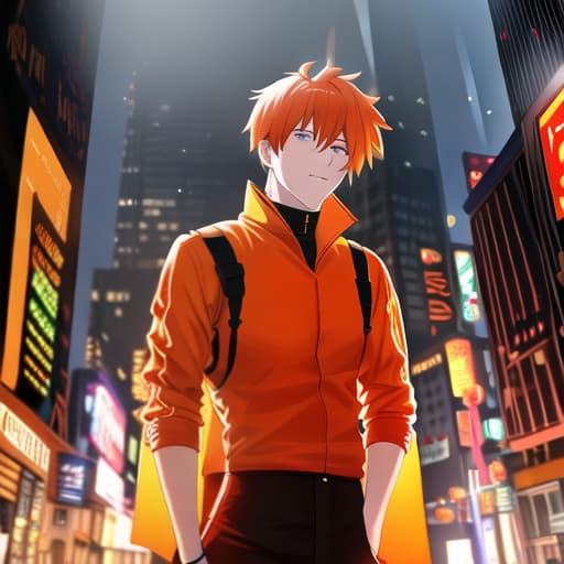  orange haired boy in the city dressed in orange and orange headphones hyperrealistic, full body, detailed clothing, highly detailed, cinematic lighting, stunningly beautiful, intricate, sharp focus, f/1. 8, 85mm, (centered image composition), (professionally color graded), ((bright soft diffused light)), volumetric fog, trending on instagram, trending on tumblr, HDR 4K, 8K