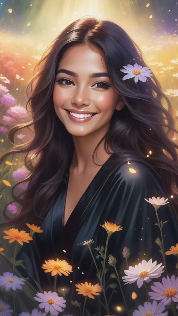  hispanic woman smiling wearing dark robes in a meadow, surrounded by flowers, backlit, petals, hair floating, gorgeous beautiful woman, art by Mschiffer,photo RAW,HD,8K, (Ultra detailed illustration of a person lost in a magical world of wonders, glowy, background, incredibly detailed, pastel colors, night, bioluminescence, ultrarealistic, hyperrealistice, hyperdetailed: shiny aura, highly detailed, intricate motifs, perfect composition, smooth, sharp focus, sparkling particles, background Realistic, (In a captivating art piece, a whimsical virtual regal amoeba blob creature takes center stage. by alex1shved This vibrant cartoon image showcases a charming and charismatic character, reminiscent of a blob-like organism. The virtual creation i hyperrealistic, full body, detailed clothing, highly detailed, cinematic lighting, stunningly beautiful, intricate, sharp focus, f/1. 8, 85mm, (centered image composition), (professionally color graded), ((bright soft diffused light)), volumetric fog, trending on instagram, trending on tumblr, HDR 4K, 8K