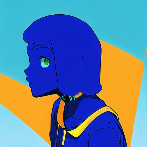  orange 👽 alien, (wearing dog collar on neck, collar Complementary color schemes, blue base and yellow trim). Focus collar