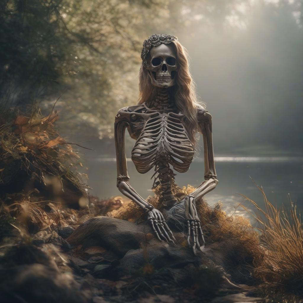  Mermaid skeleton on the riverbank. hyperrealistic, full body, detailed clothing, highly detailed, cinematic lighting, stunningly beautiful, intricate, sharp focus, f/1. 8, 85mm, (centered image composition), (professionally color graded), ((bright soft diffused light)), volumetric fog, trending on instagram, trending on tumblr, HDR 4K, 8K