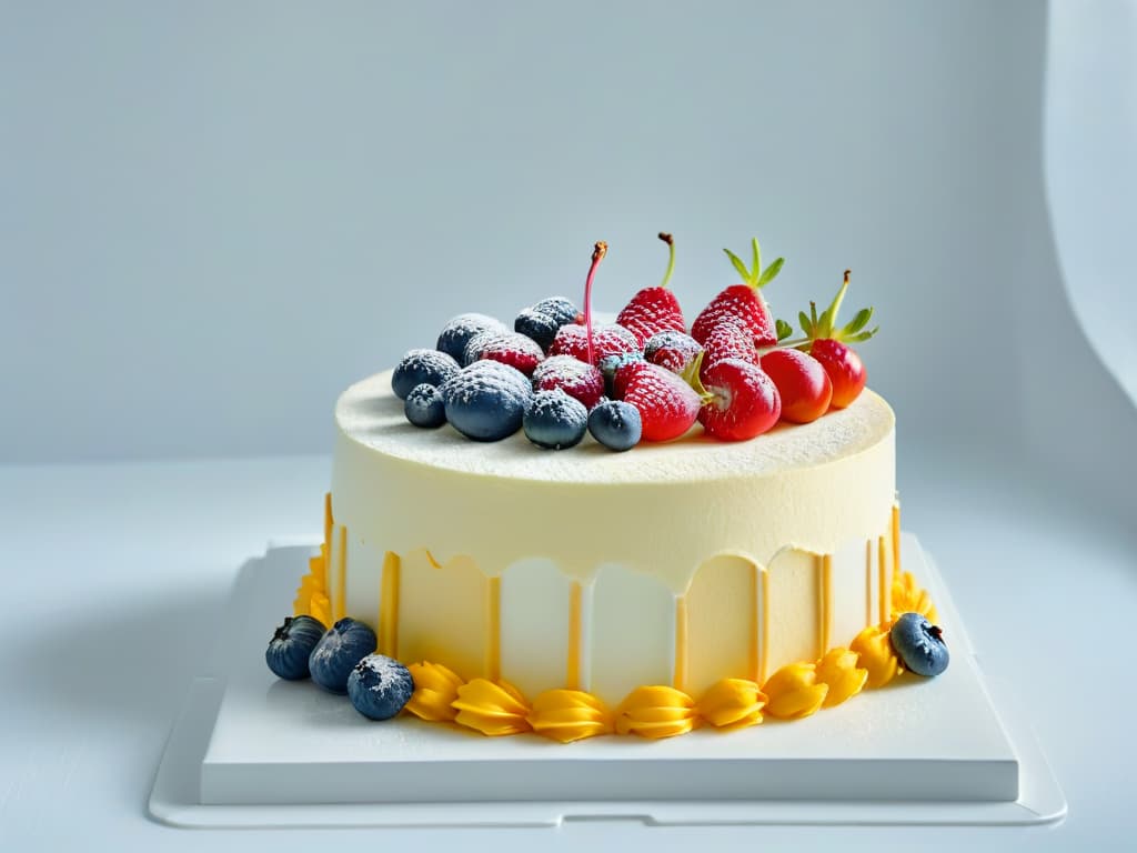  A closeup, ultradetailed image of a delicate, intricately designed glutenfree cake, adorned with vibrant fresh berries and edible flowers, set against a sleek, modern backdrop with soft, diffused lighting that highlights the textures and colors of the dessert. hyperrealistic, full body, detailed clothing, highly detailed, cinematic lighting, stunningly beautiful, intricate, sharp focus, f/1. 8, 85mm, (centered image composition), (professionally color graded), ((bright soft diffused light)), volumetric fog, trending on instagram, trending on tumblr, HDR 4K, 8K