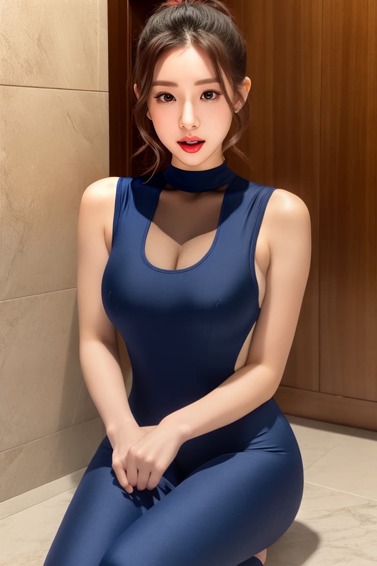  (masterpiece:1.3), (8k, photorealistic, RAW photo, best quality: 1.4), (realistic face), realistic eyes, (realistic skin), beautiful skin, (perfect body:1.3), (detailed body:1.2), ((((masterpiece)))), best quality, very_high_resolution, ultra-detailed, in-frame, beautiful, Japanese, woman, Natsuko Tatsumi look-alike, front view, large almond-shaped eyes, long eyelashes, glamorous makeup, ponytail, wide open mouth screaming, very long tongue out forward, tight navy blue one-piece swimsuit, U-neck design, slight cleavage, amazing breasts, reaching out, sitting on the tiled floor of a hotel bathroom, legs spread open, showing crotch, profession as a prim and serious suit shop saleswoman., ultra high res, ultra realistic, highly detailed, soft 