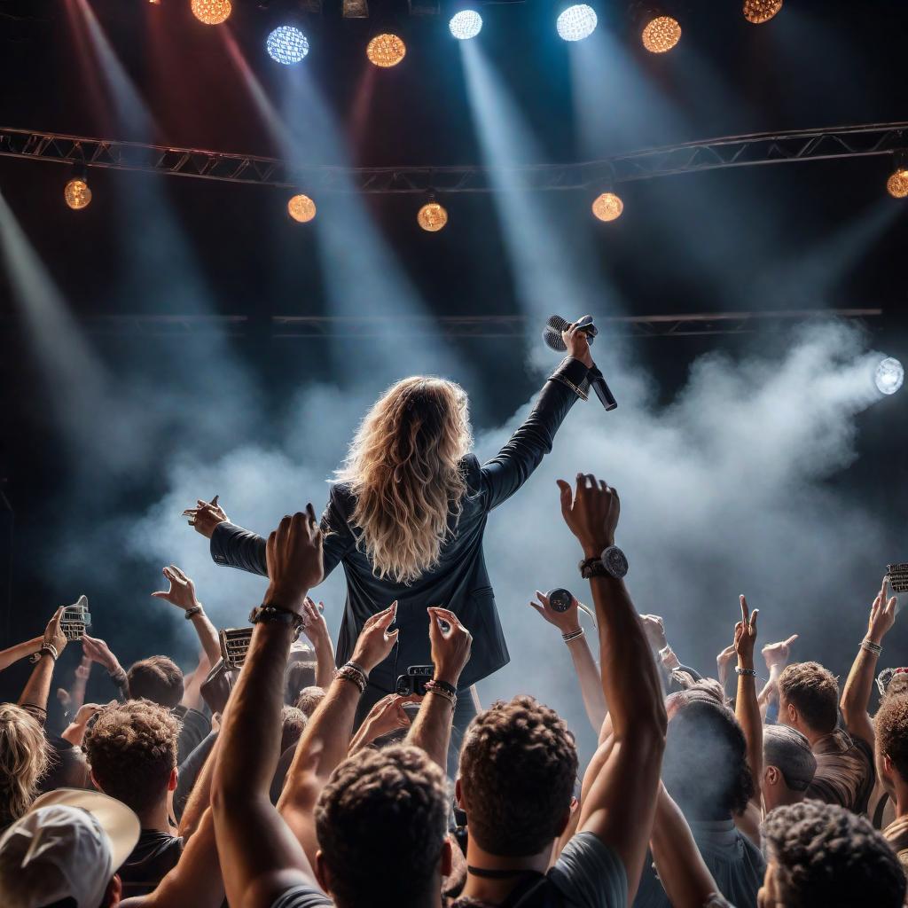  A vibrant and energetic image of a live music concert scene with musicians performing on stage and a cheering crowd in the audience. The atmosphere should be lively and captivating, capturing the essence of a thrilling live music experience. hyperrealistic, full body, detailed clothing, highly detailed, cinematic lighting, stunningly beautiful, intricate, sharp focus, f/1. 8, 85mm, (centered image composition), (professionally color graded), ((bright soft diffused light)), volumetric fog, trending on instagram, trending on tumblr, HDR 4K, 8K